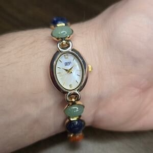 Vintage Ladies Gruen Scarab Watch - Gold Tone Gemstone Bracelet - Works